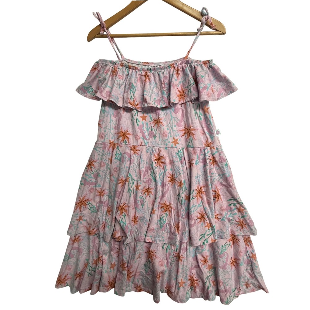 Disney Little Mermaid Dress Girls XXL Pink Mermaid Sea Print Tiered Ruffle Beach